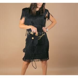 Vintage 1920s Glenrob Black Flapper Long Fringe Sleeveless Dress Sz S Gatsby Era